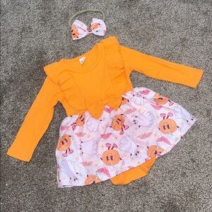 SHEIN Orange and Pink Pumpkin and Ghost Dress with Matching Headband 2T